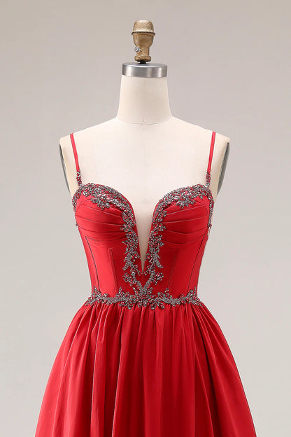 Red Spaghetti Strap Beaded Deep V-Neck A-Line Satin Prom Dress with Open Back