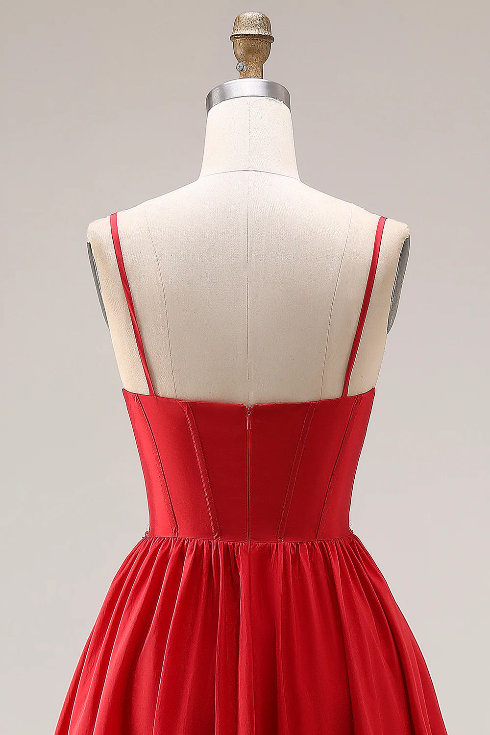 Red Spaghetti Strap Beaded Deep V-Neck A-Line Satin Prom Dress with Open Back