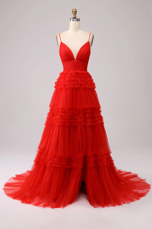 Red Spaghetti Strap V-Neck Tiered Ruffle Glitter Tulle Maxi Prom Dress