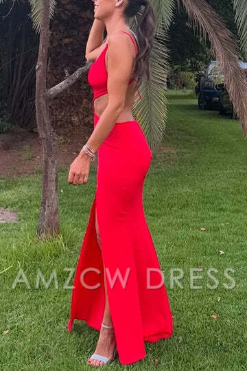 Vestido largo de satén con escote en V y tirantes finos en rojo de Amzcw
