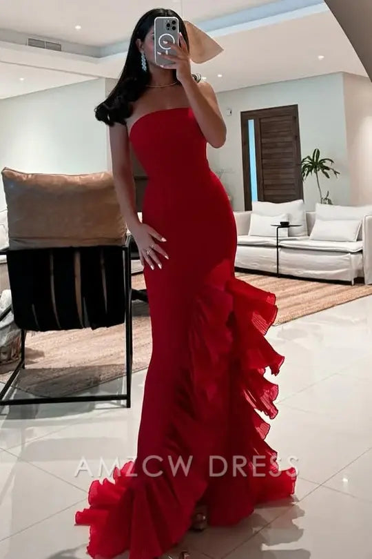 Vestido de fiesta largo de sirena sin mangas, con escote redondo, volantes y tirantes finos en rojo de Amzcw