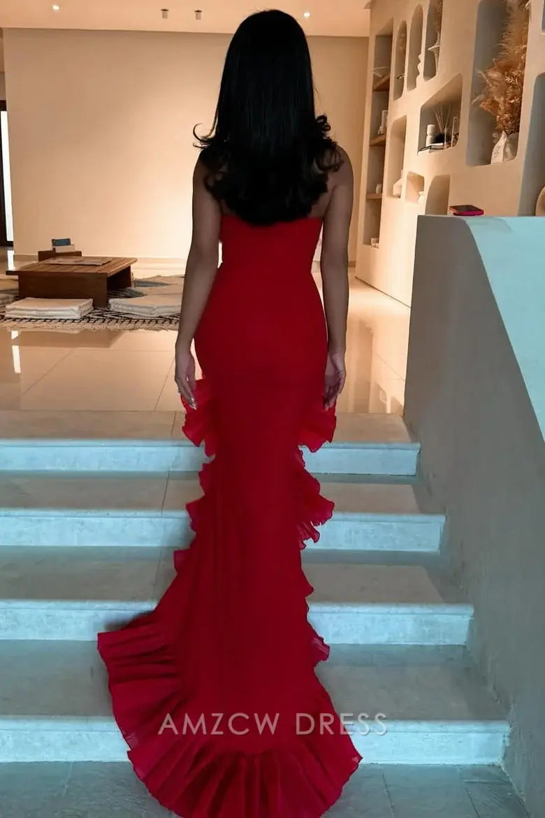 Vestido de fiesta largo de sirena sin mangas, con escote redondo, volantes y tirantes finos en rojo de Amzcw
