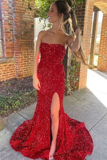Amzcw Red Strapless Sequined Mermaid Side Slit Long Prom Dress with Train formal wear dresses
