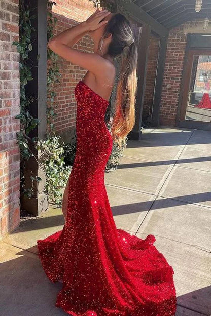 Amzcw Red Strapless Sequined Mermaid Side Slit Long Prom Dress with Train formal wear dresses