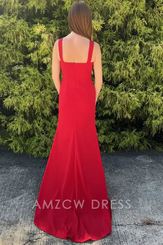Vestido formal largo plisado sin mangas con tirantes rojos y corte sirena cuadrado de Amzcw