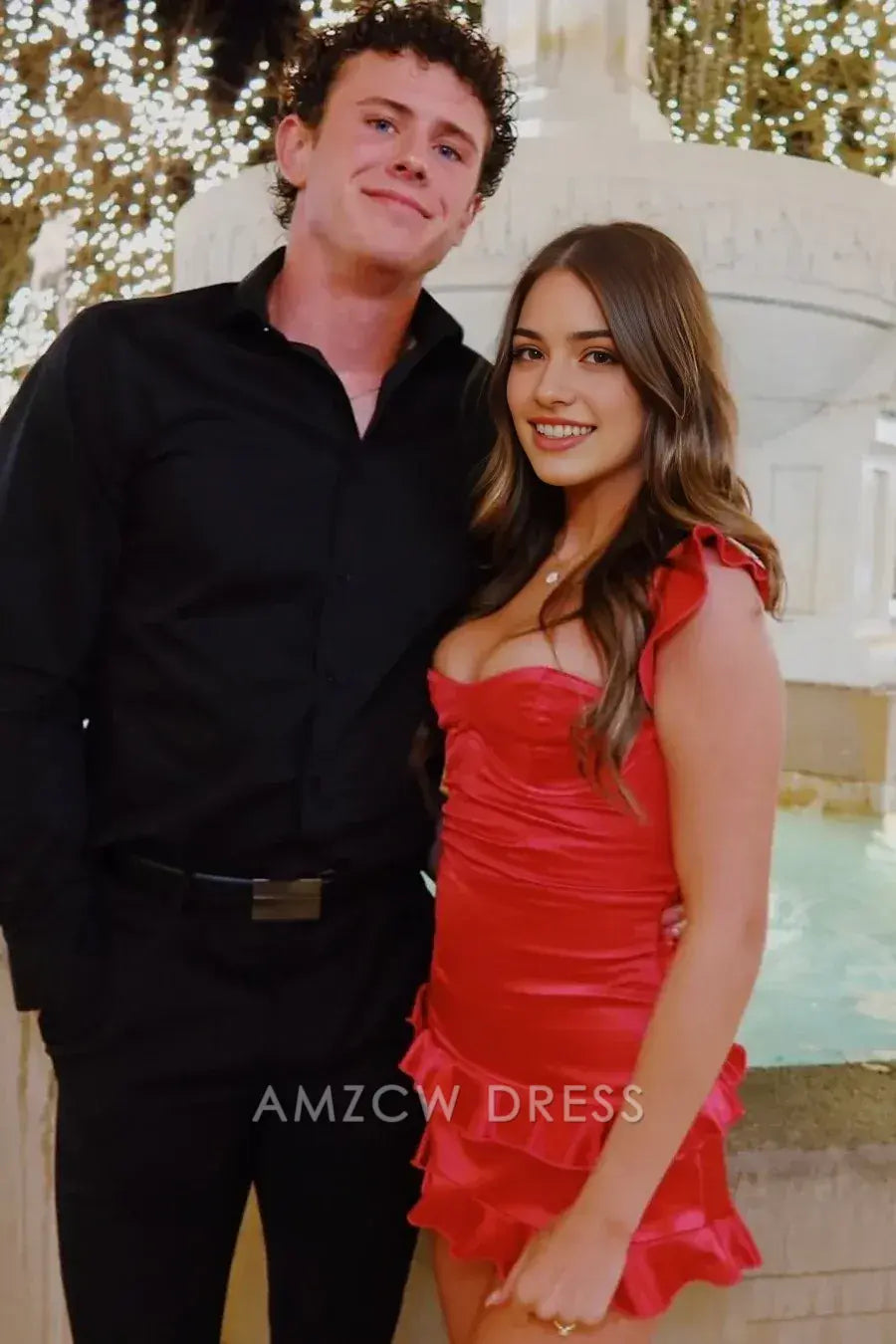 Amzcw Elegant Red Sweetheart Sleeveless Satin Empire Ruffle Mini Homecoming Dress formal wear dresses