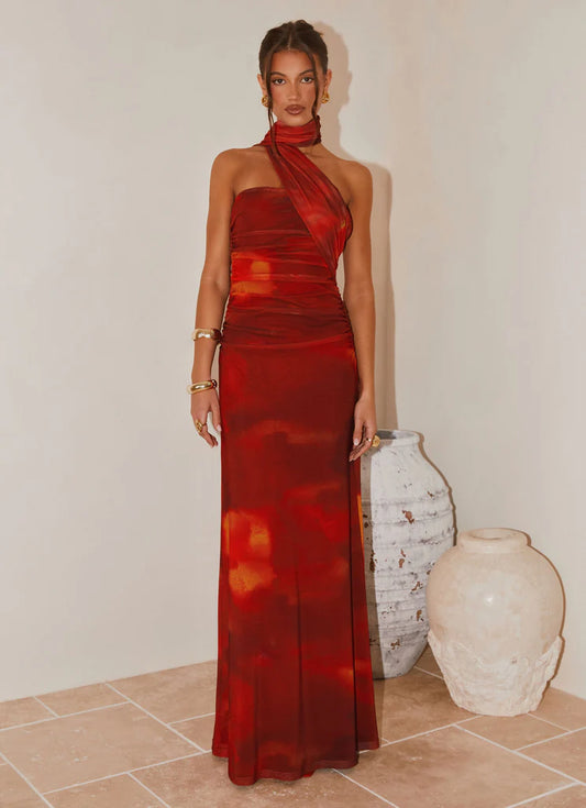 Red Tie Dye Ruched Halter Neck Prom Dress One Shoulder Maxi Gown with Draped Detail
