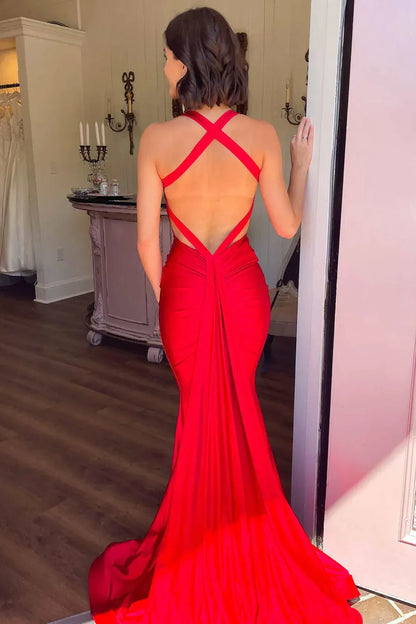 Vestido de fiesta formal largo plisado sin mangas de satén estilo sirena con escote en V rojo de Amzcw