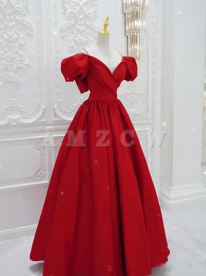 Vestido de fiesta largo de satén con escote en V rojo de Amzcw, vestido de noche rojo, vestidos formales 