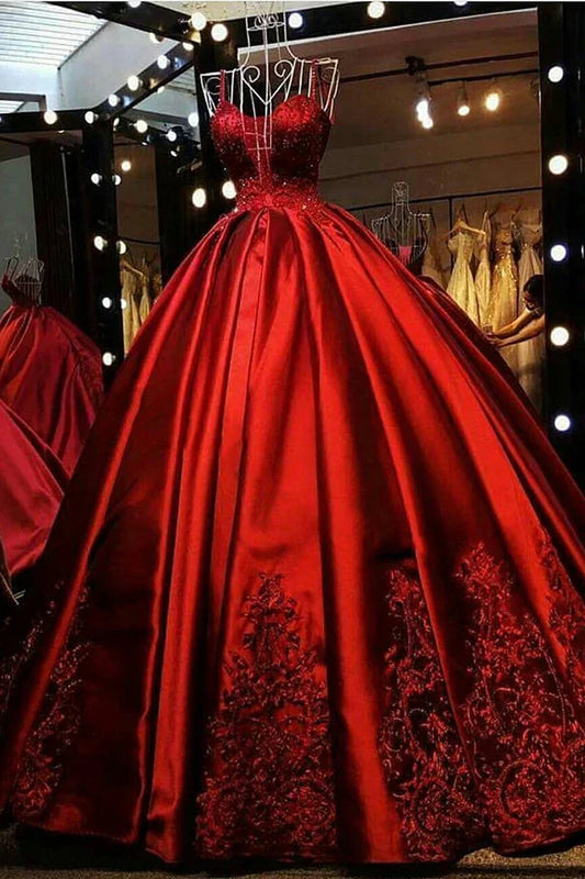Regal Satin Ballgown Sweetheart Sleeveless Beaded-Bodice Lace-Appliqué Floor-Length Quinceañera Gown
