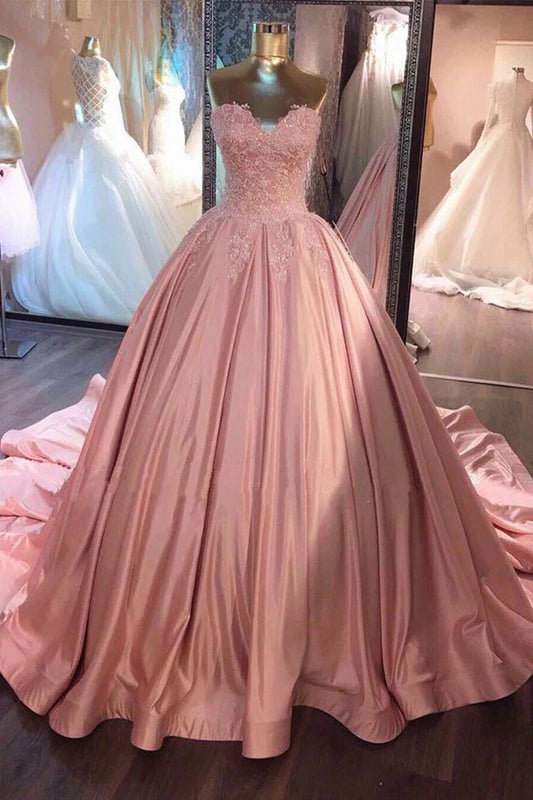 Regal Satin Ballgown Sweetheart Strapless Lace-Appliqué Lace-Up-Back Cathedral-Train Quinceañera Gown