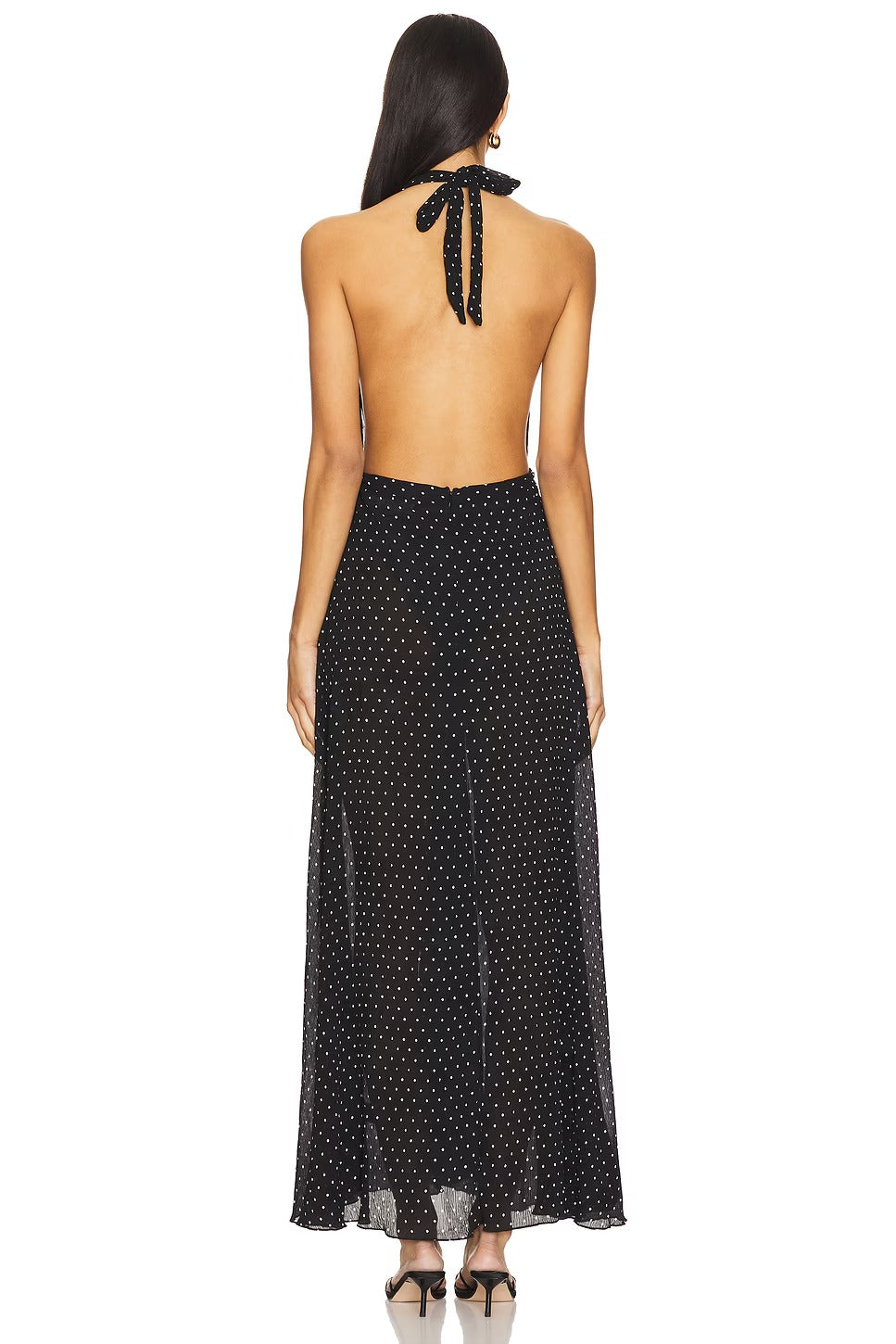 Retro Black Halter Maxi Dress with White Polka Dot Print and Low Back: Evening Dresses