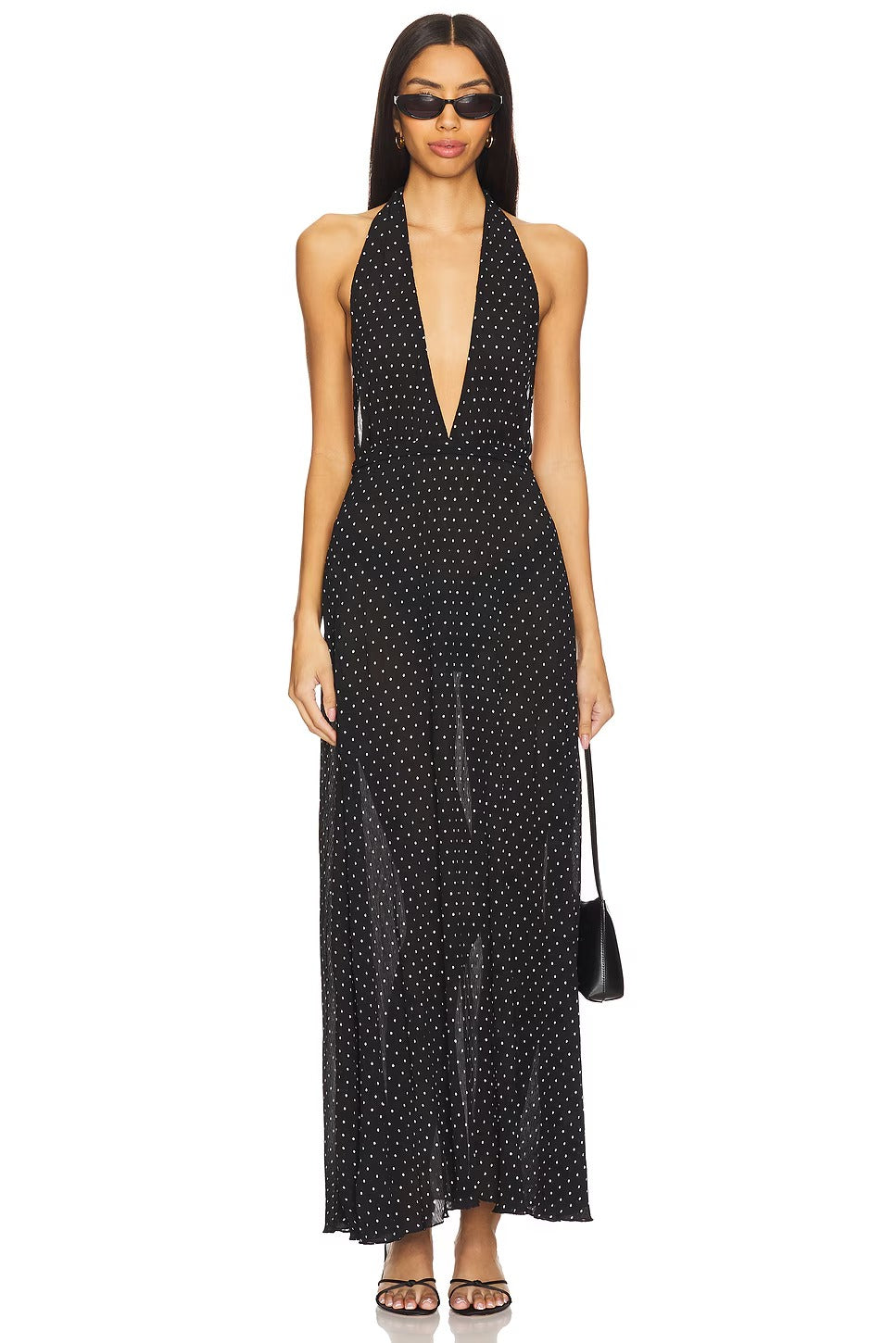 Retro Black Halter Maxi Dress with White Polka Dot Print and Low Back: Evening Dresses