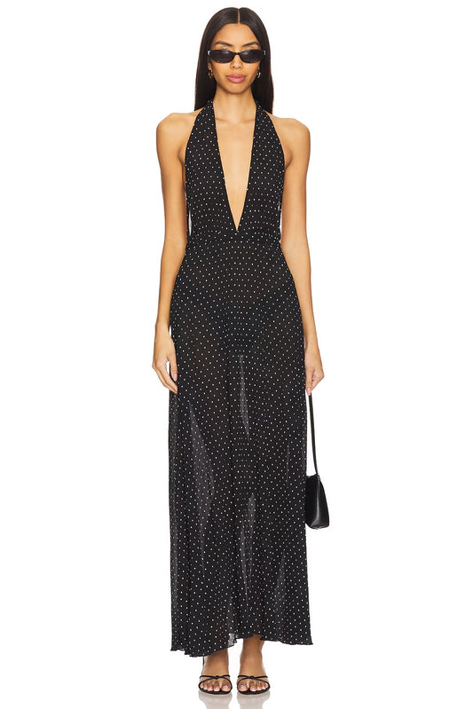 Retro Black Halter Maxi Dress with White Polka Dot Print and Low Back: Evening Dresses
