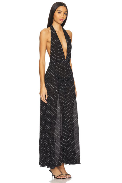Retro Black Halter Maxi Dress with White Polka Dot Print and Low Back: Evening Dresses