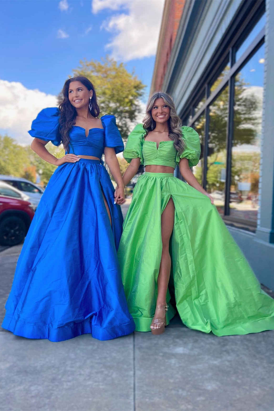 Rjerdress Two Piece Puff Sleeve Tie-Back Long Prom Dress