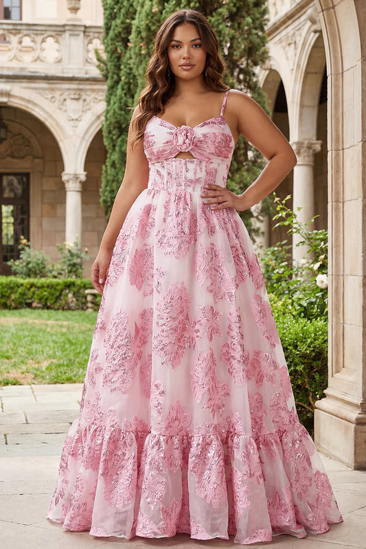 Romantic A-Line Spaghetti Strap Sweetheart Neck Sleeveless Open Back Floor-Length Ruffle Hem Floral Print Prom Dress