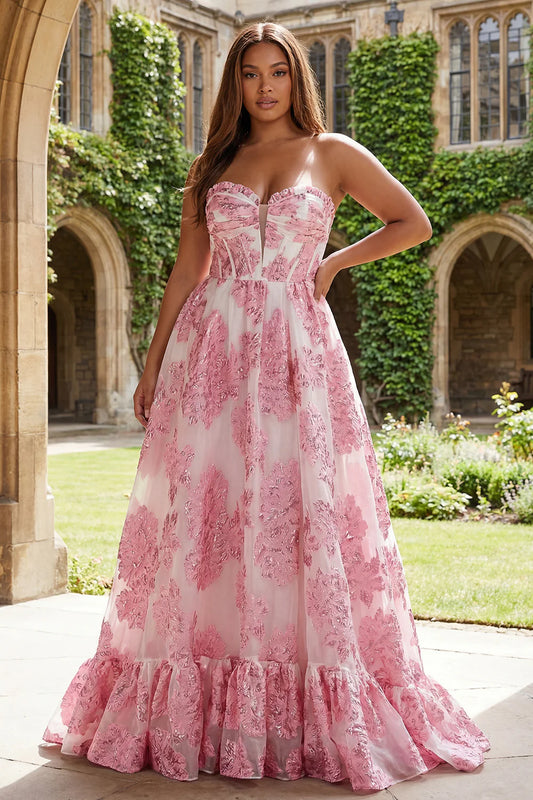 Romantic A-Line Strapless Sweetheart Neck Sleeveless Open Back Floor-Length Ruffle Hem Floral Prom Dress