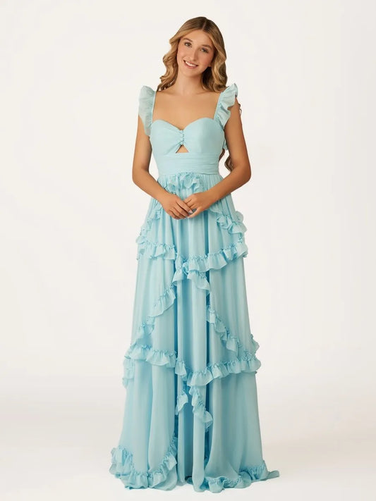 Romantic A-Line Sweetheart Neck Ruffled Sleeve Keyhole Back Floor Length Prom Dresses