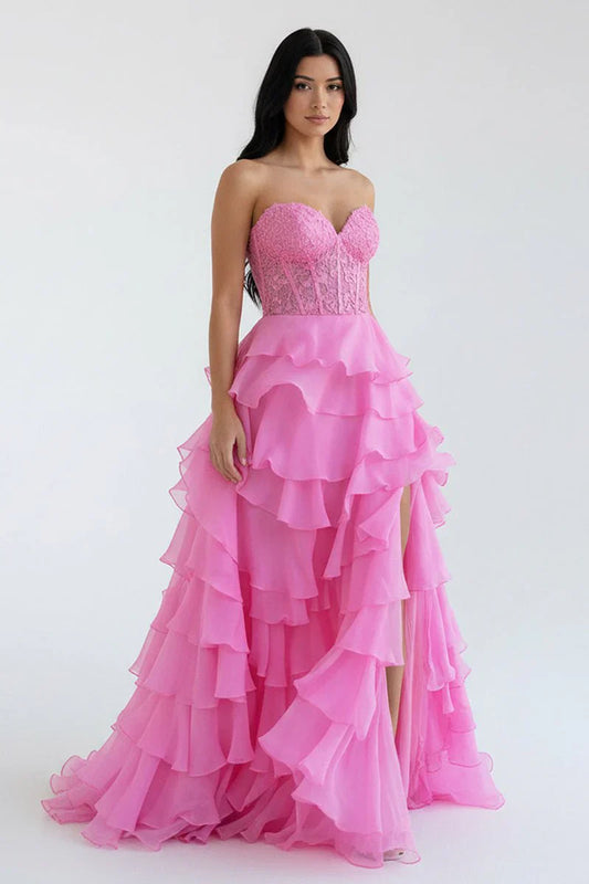 Romantic A-Line Sweetheart Neck Sleeveless Lace Up Back Ruffle Tiered Floor Length Prom Dresses