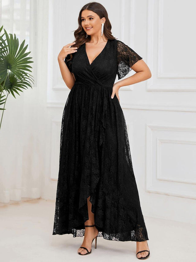Romantic A-Line V-Neck Short-Sleeve Lace-Back High-Low Plus Size Dresses