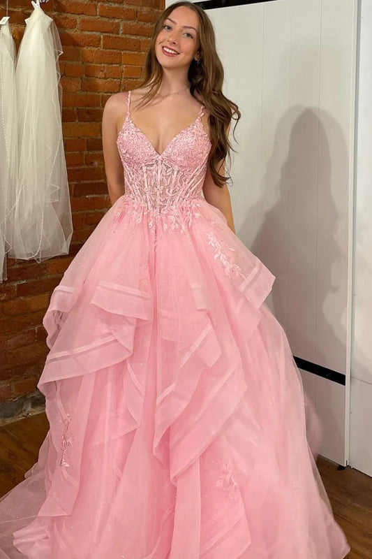 Romantic A-Line V Neck Spaghetti Strap Sleeveless Lace Back Pleated Ruffles Appliques Long Prom Dresses