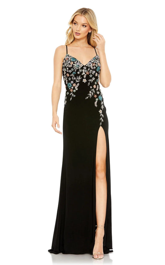 Romantic Black Floral Embroidered Open-Back Mermaid Prom Dress