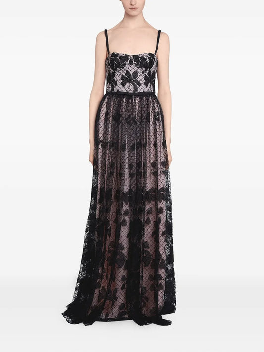 Romantic Black Floral Lace Overlay Spaghetti-Strap Prom Dress