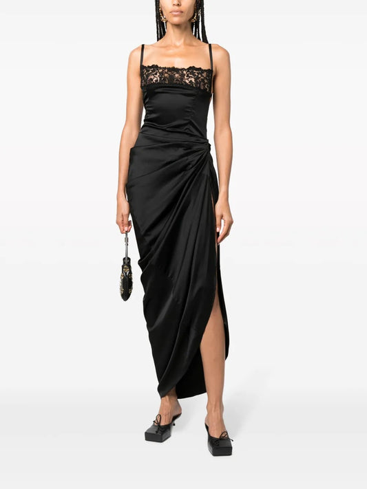 Romantic Black Satin Lace-Trim Ruched Prom Dress