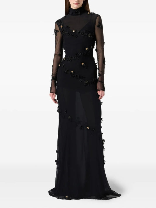 Romantic Black Sheer Tulle Floral-Appliqué Prom Dress