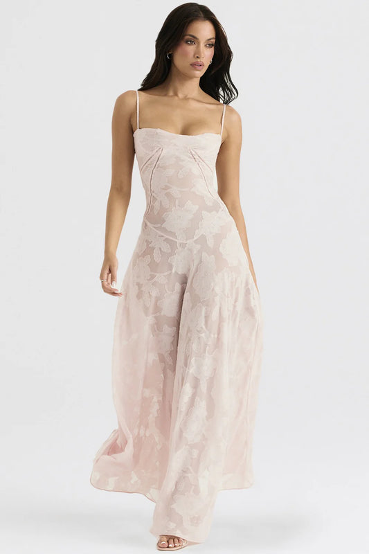 Romantic Blush Pink Floral Burnout Chiffon Gown with Lace-Up Back: Prom Dress