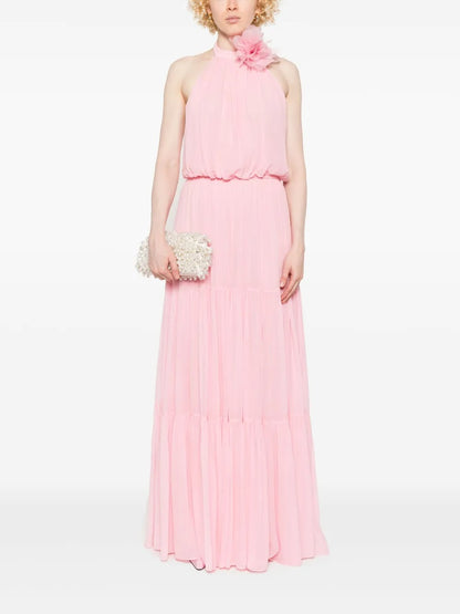 Romantic Blush Pink Halter Neck Tiered Maxi Dress