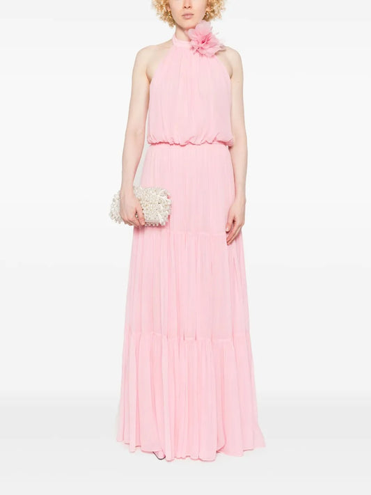 Romantic Blush Pink Halter Neck Tiered Maxi Dress