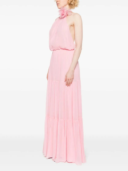 Romantic Blush Pink Halter Neck Tiered Maxi Dress