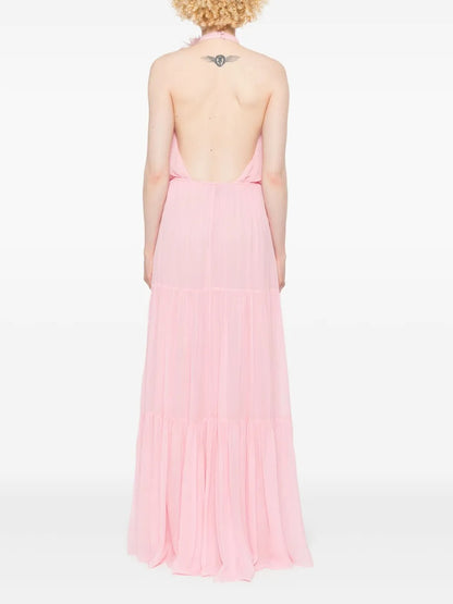 Romantic Blush Pink Halter Neck Tiered Maxi Dress