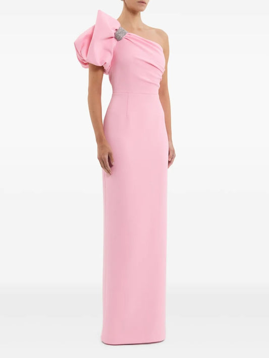 Romantic Blush Pink One-Shoulder Bow-Detail Column Gown