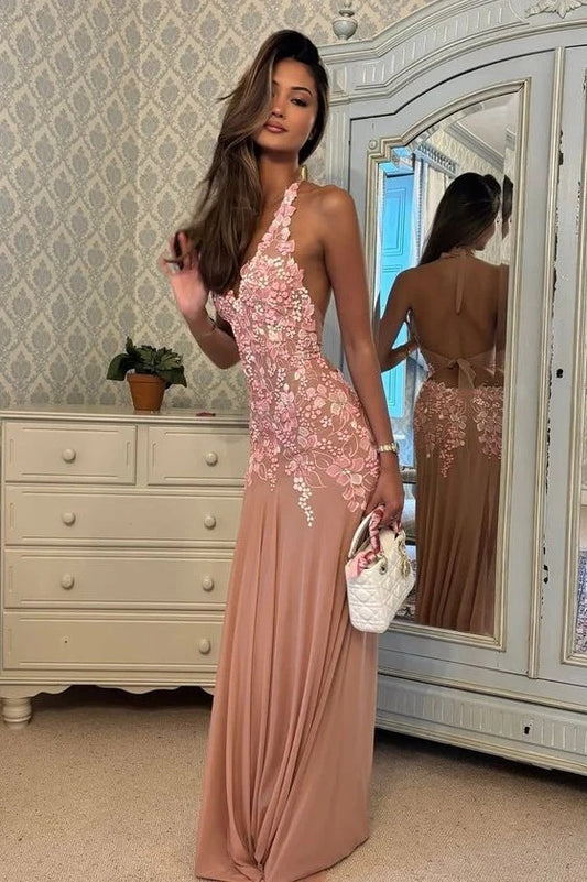 Romantic Blush Pink Prom Dresses with Halter Beaded Embroidery and Open Back