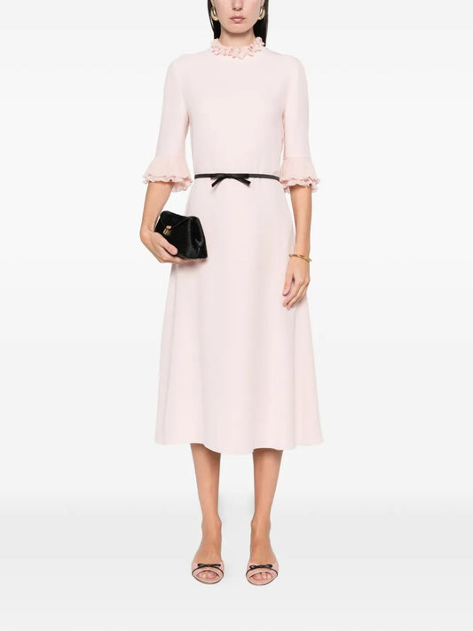 Romantic Blush Pink Ruffle-Collar Midi Dress
