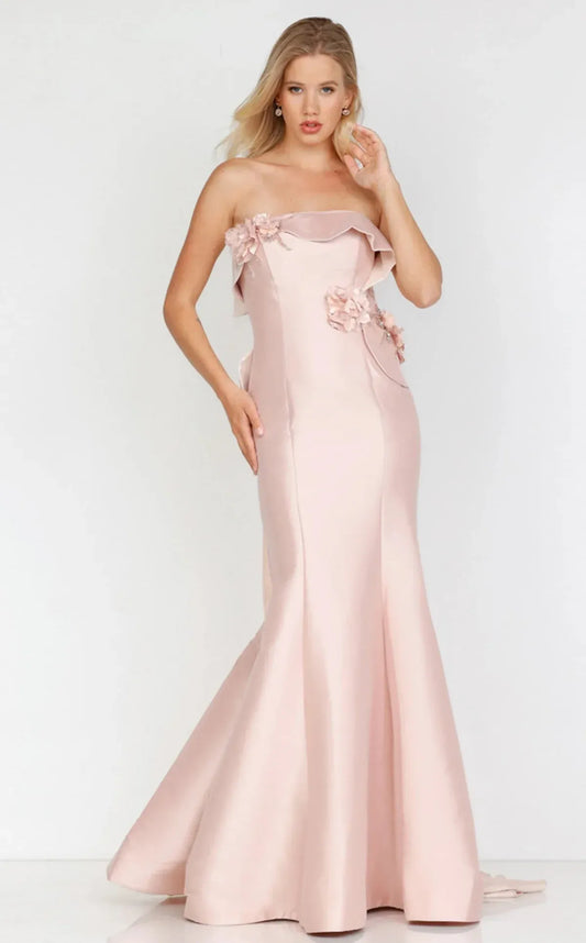 Romantic Blush Pink Satin 3D Floral Strapless Mermaid Prom Dress
