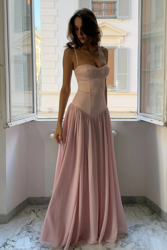 Romantic Blush Pink Spaghetti Strap A-Line Gown with Satin Corset and Chiffon Skirt: Prom Dress