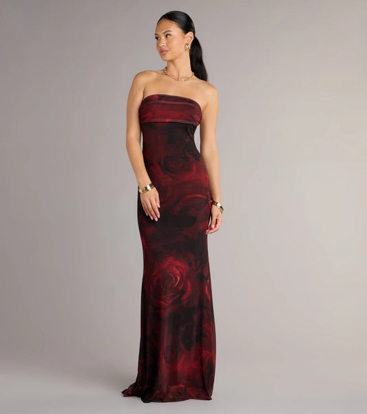 Romantic Burgundy Floral Print Strapless Mermaid Prom Dress