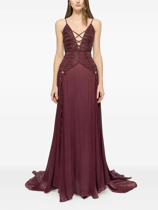 Romantic Burgundy Lace & Chiffon Plunge V-Neck Prom Dress