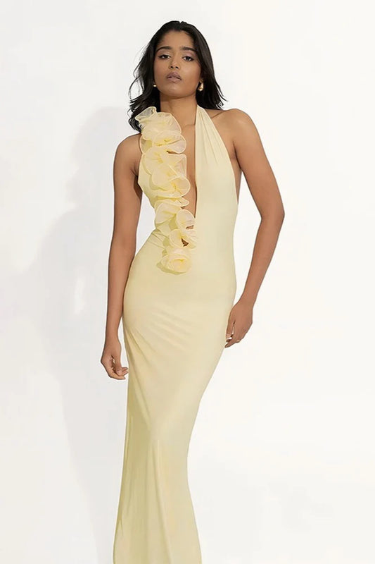 Romantic Butter Yellow Halter Gown with 3D Ruffle Detail: Prom Dress