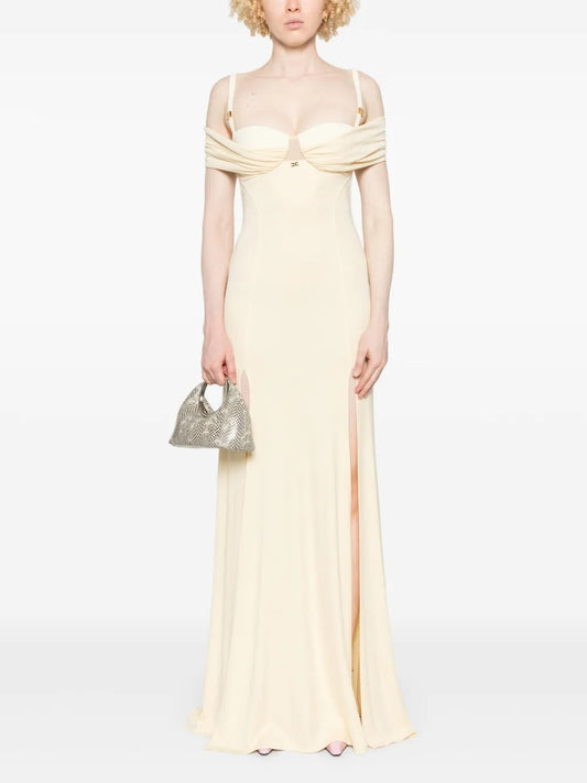 Romantic Buttercream Off-Shoulder Cowl Prom Dress
