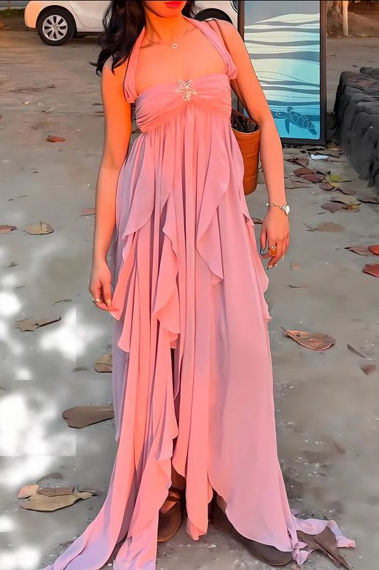 Romantic Dusty Pink Prom Dresses with Chiffon Halter Neck and Ruffled Skirt