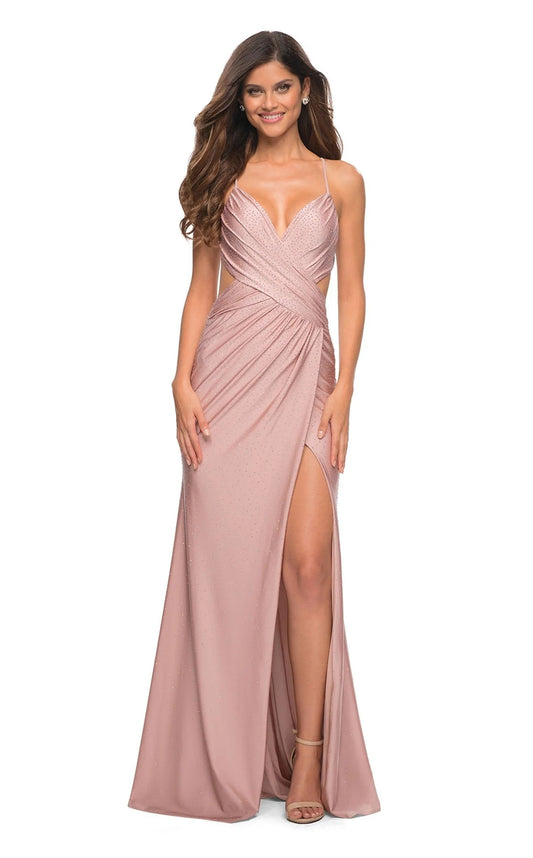 Romantic Dusty Rose Rhinestone Cross-Front Cutout Mermaid Prom Dress