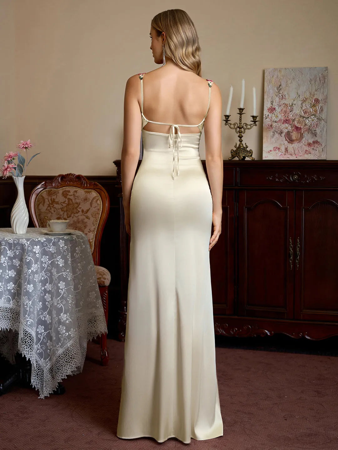 Romantic Fitted Square Neck Floral Strap Tie Back Floor-Length Prom Dresses