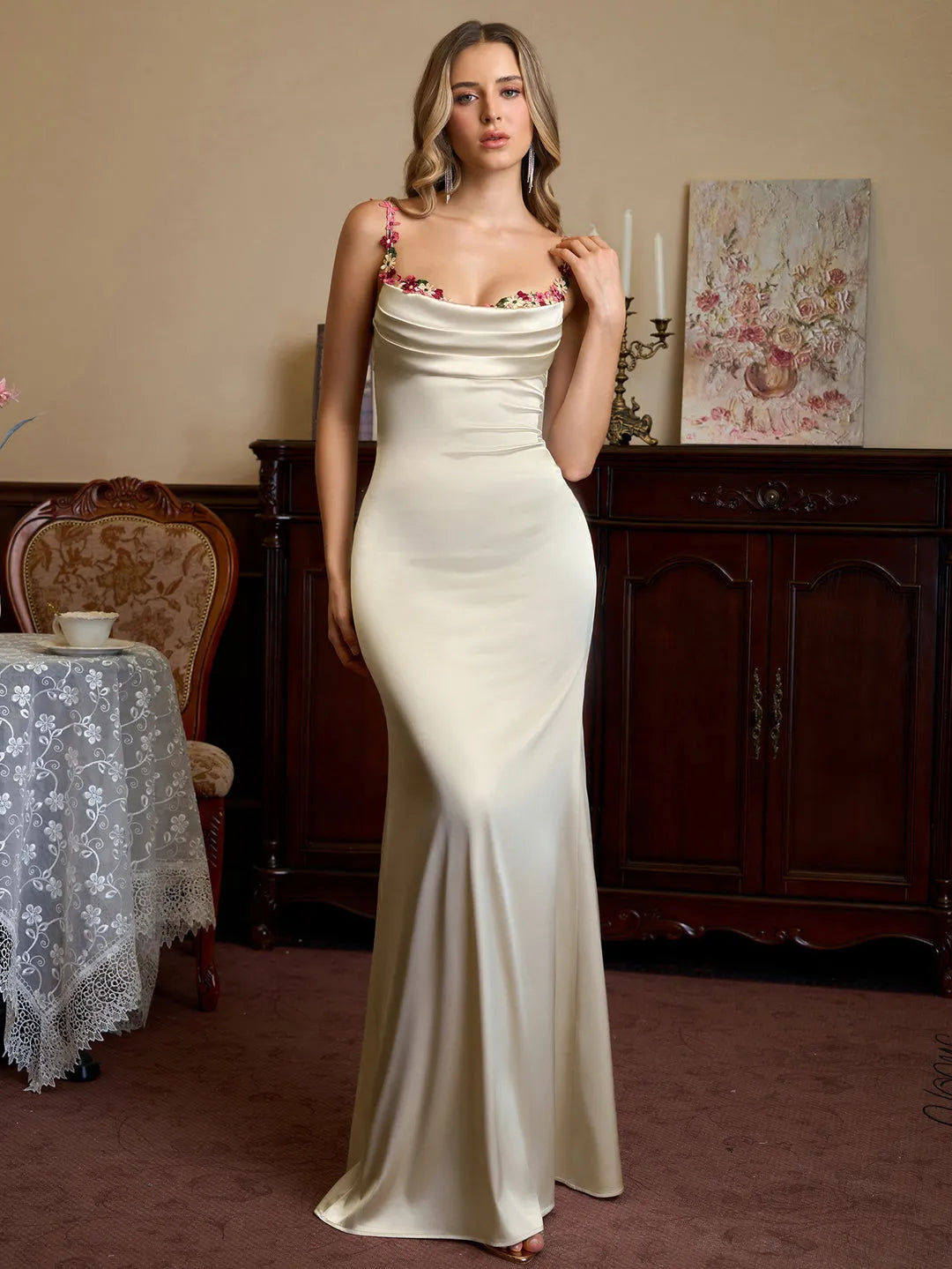 Romantic Fitted Square Neck Floral Strap Tie Back Floor-Length Prom Dresses
