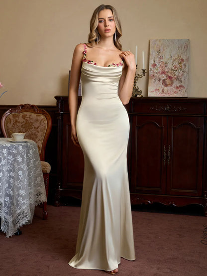 Romantic Fitted Square Neck Floral Strap Tie Back Floor-Length Prom Dresses