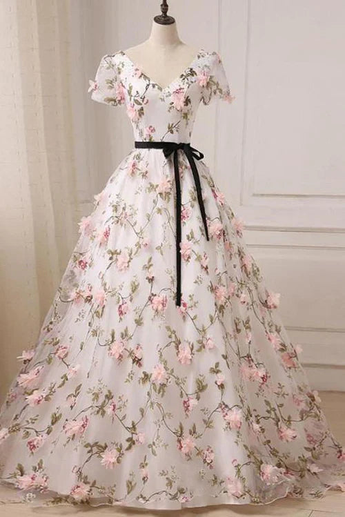 Romantic Floral-Appliqué Ballgown Sweetheart Cap-Sleeve Lace-Up-Back Floor-Length Prom Gown